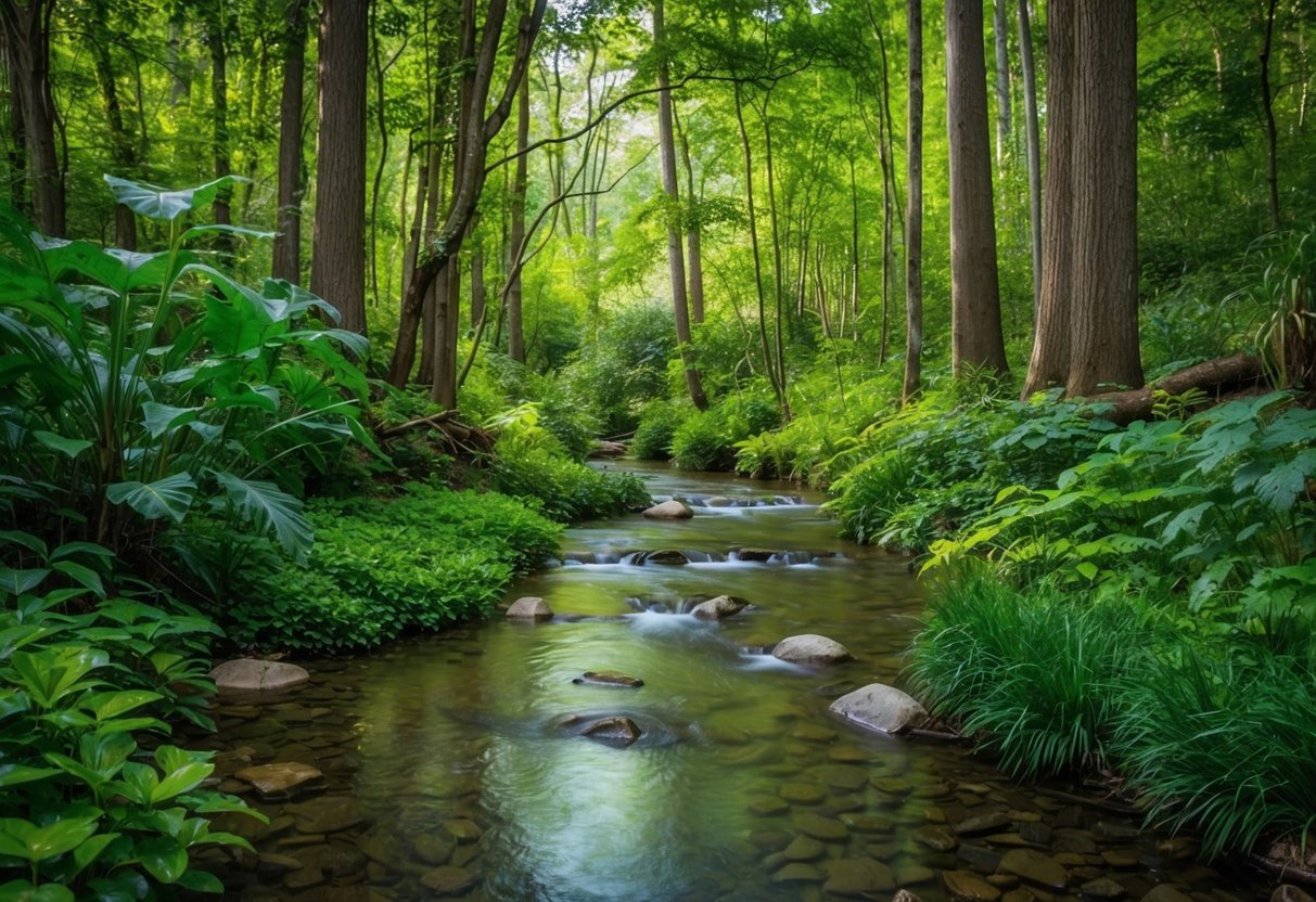 Ein ruhiger Wald mit klaren Bächen, lebendiger Pflanzenwelt und vielfältiger Tierwelt, frei von jeglichen Anzeichen von Verschmutzung oder Kontamination.