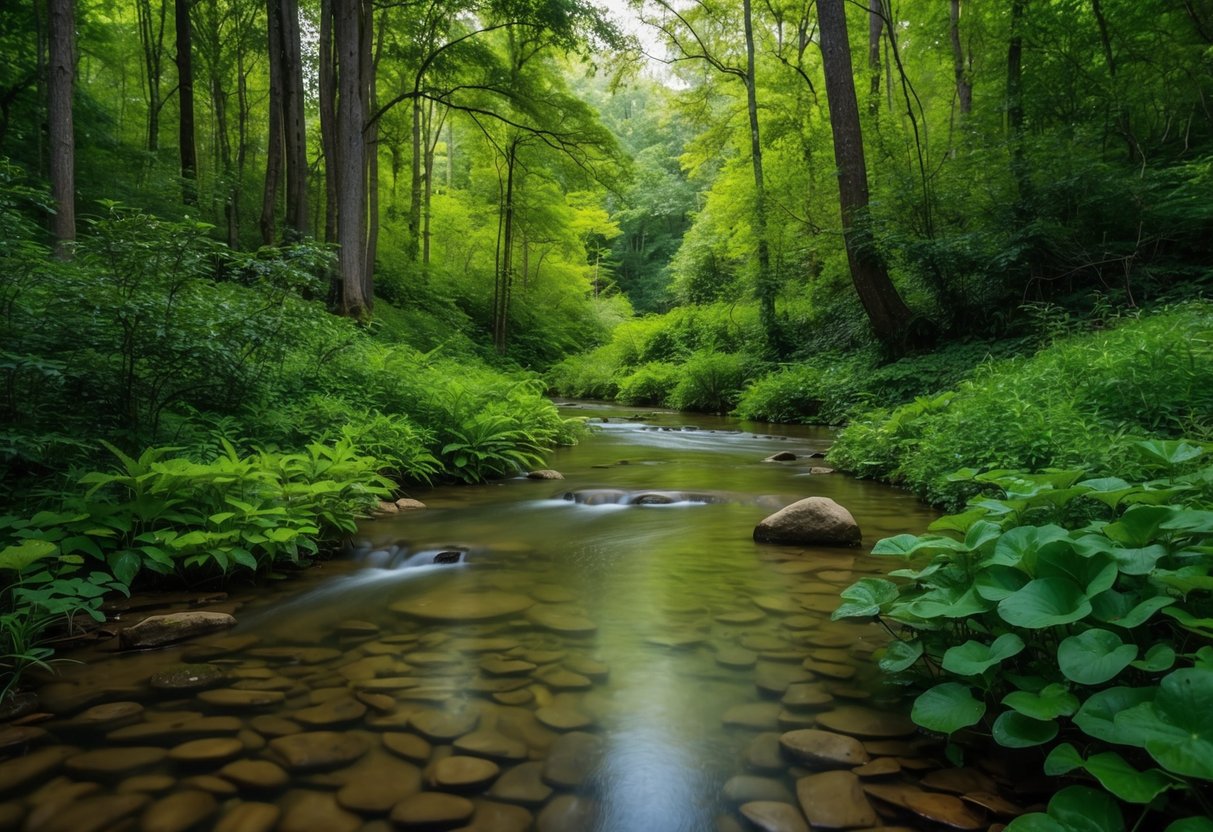 Ein ruhiger Wald mit klaren Bächen und üppiger Vegetation, frei von Verschmutzung und Umweltgiften