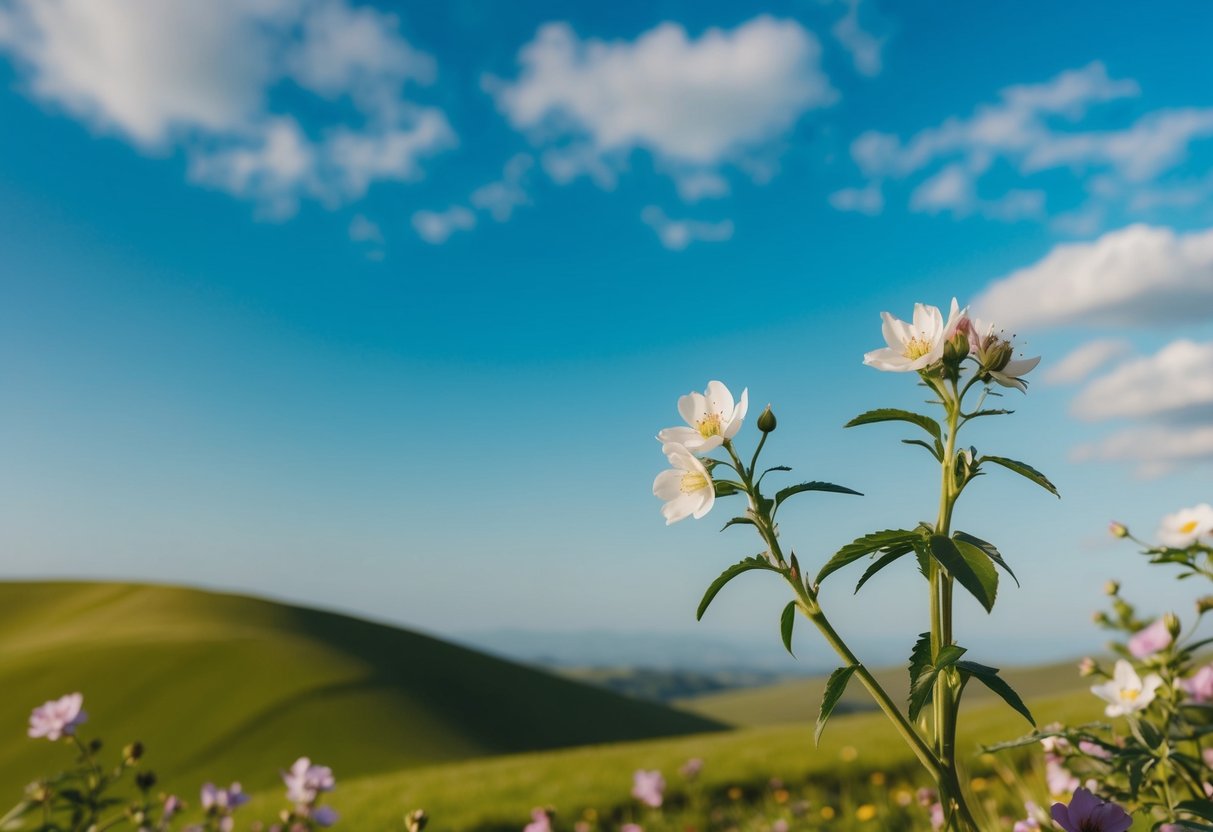 Eine friedliche Landschaft mit sanften Hügeln, blühenden Blumen und einem klaren blauen Himmel, die ein Gefühl von Frieden und mentalem Wohlbefinden hervorrufen.