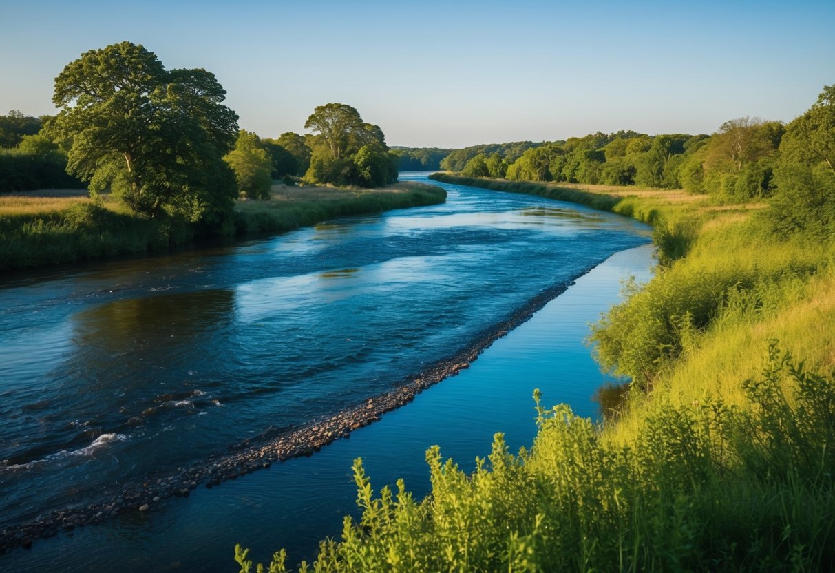 Eine ruhige Naturlandschaft mit einem friedlich fließenden Fluss, üppigem Grün und einem klaren blauen Himmel, der ein Gefühl von mentalem Wohlbefinden und Ruhe hervorruft.