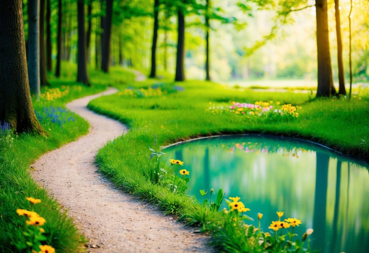 Eine friedliche Naturszene mit einem gewundenen Weg durch einen üppigen Wald, der zu einer ruhigen Lichtung mit einem friedlichen Teich und lebhaften Blumen führt.