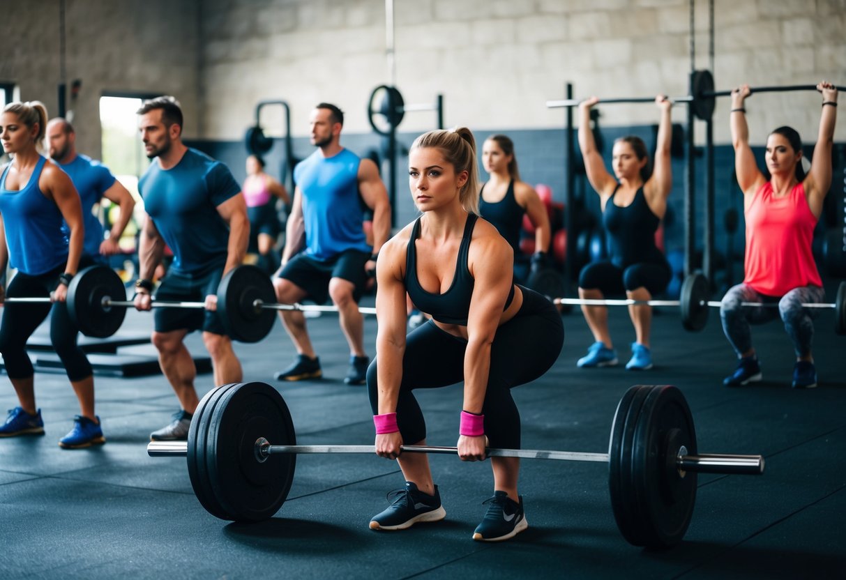 Eine Gruppe von Menschen hebt Gewichte und macht verschiedene Übungen in einem Crossfit-Gym.