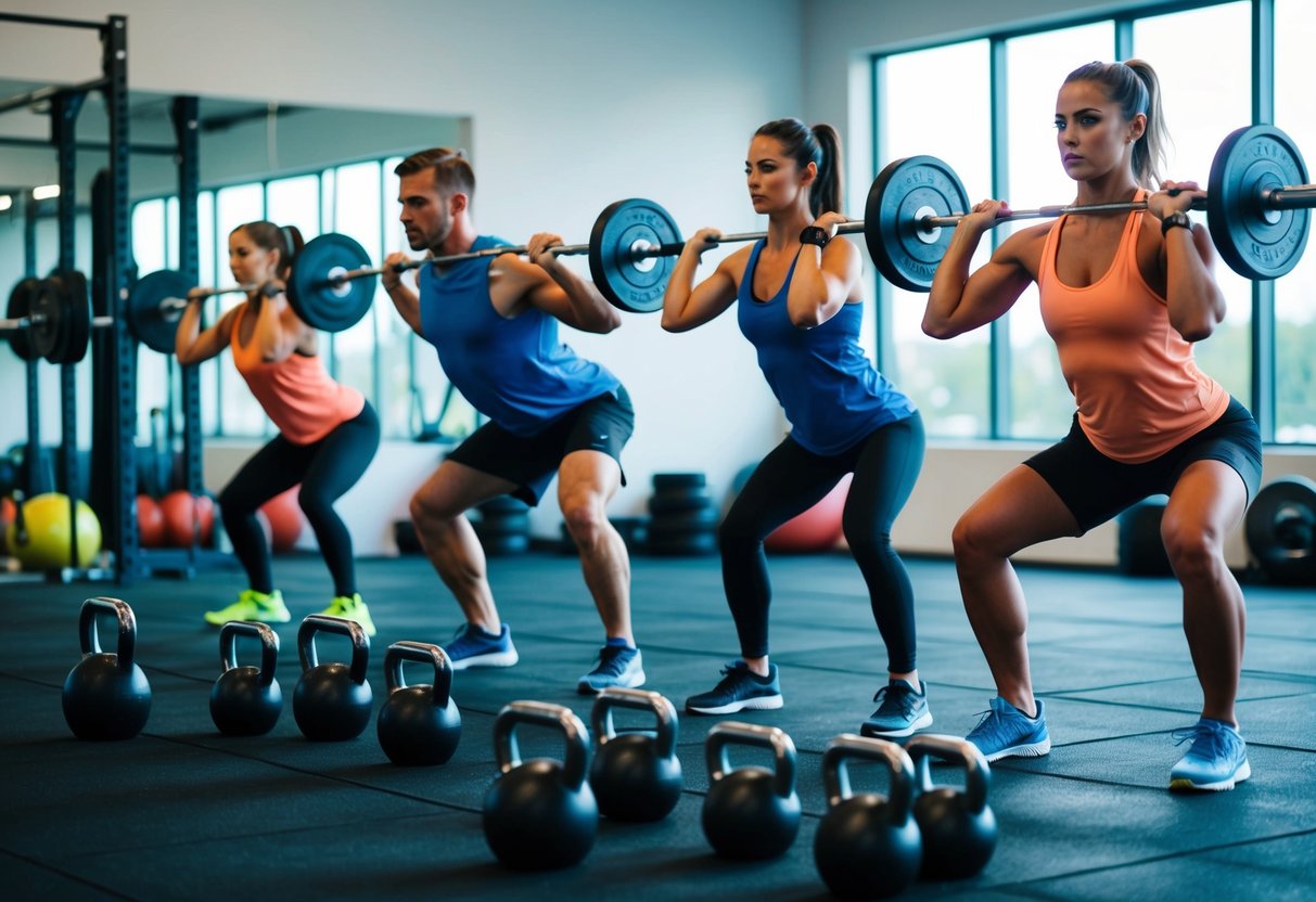 Eine Gruppe von Menschen, die verschiedene Crossfit-Übungen in einem Fitnessstudio ausführen, mit Geräten wie Langhanteln, Kettlebells und Klimmzugstangen.