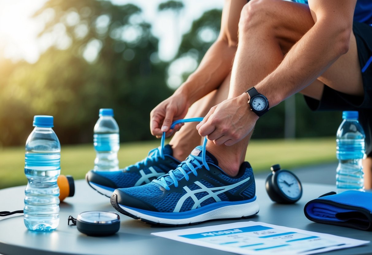 Ein Läufer schnürt seine Turnschuhe, umgeben von Wasserflaschen, einer Stoppuhr und einem Trainingsplan auf einem Tisch.