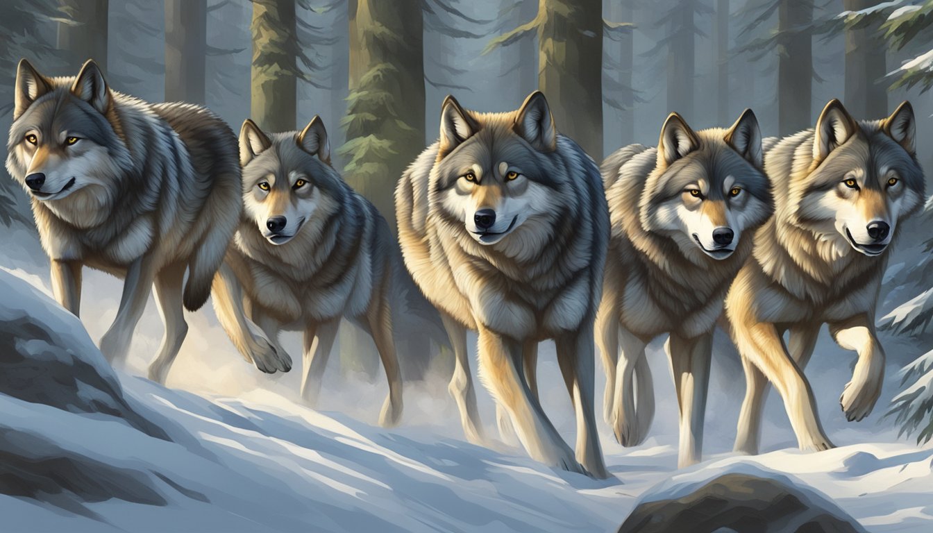 A wolf pack on the hunt, moving in sync through a dense forest, their focused eyes and poised bodies reflecting their innate hunting abilities