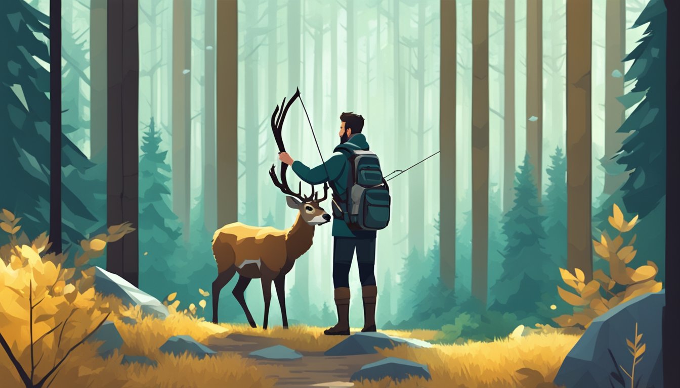 A hunter using a high-tech bow and arrow to track a digital pixelated deer in a forest