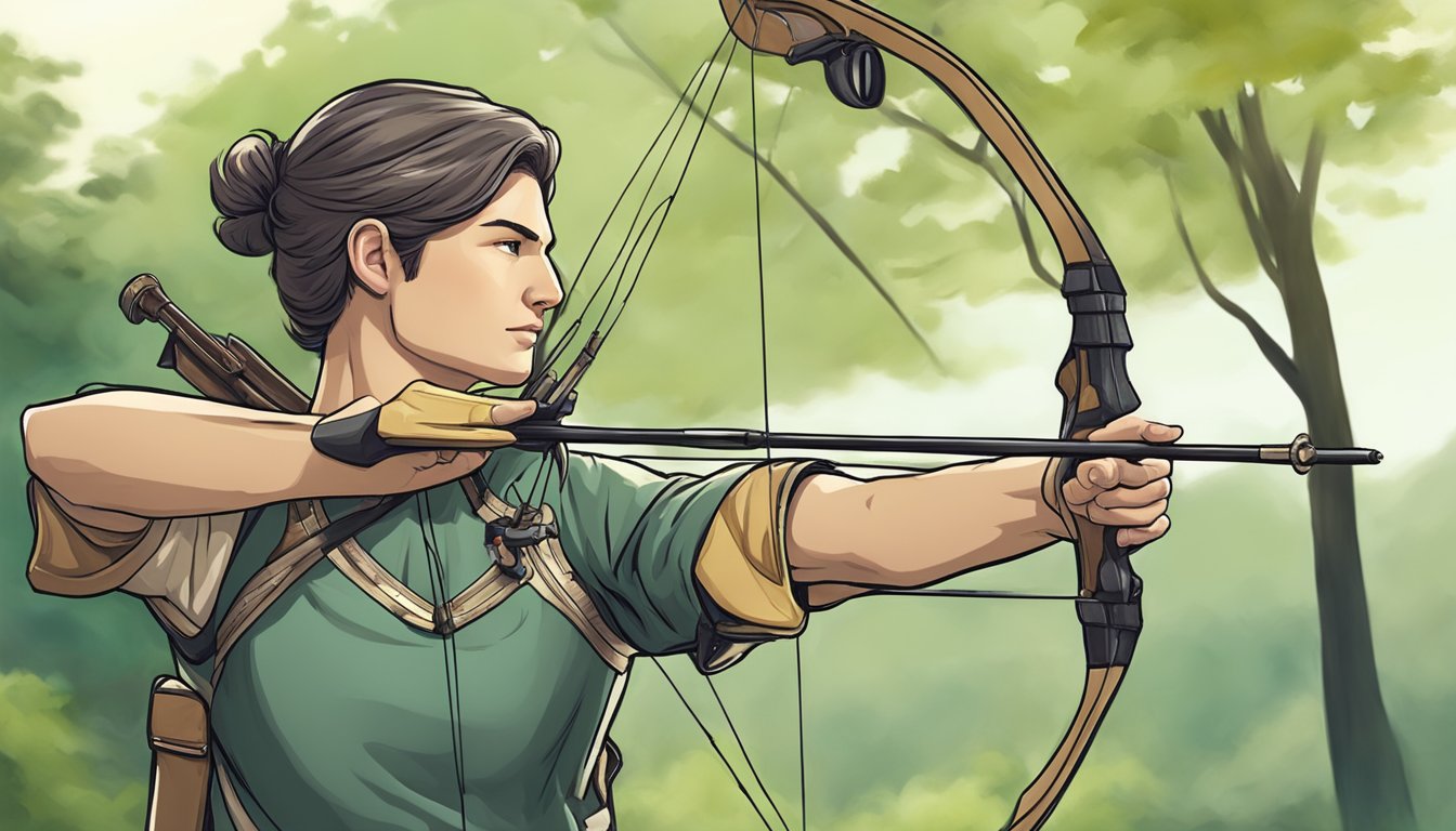 A tranquil archer focuses on a distant target, bow drawn, with serene surroundings and a sense of mindful concentration