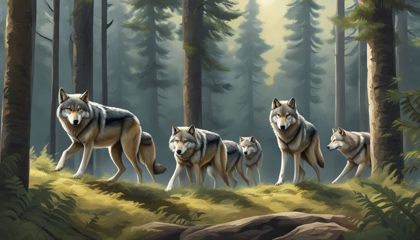 A pack of wolves stalking prey through a dense forest, using keen senses and coordinated teamwork to execute a successful hunt