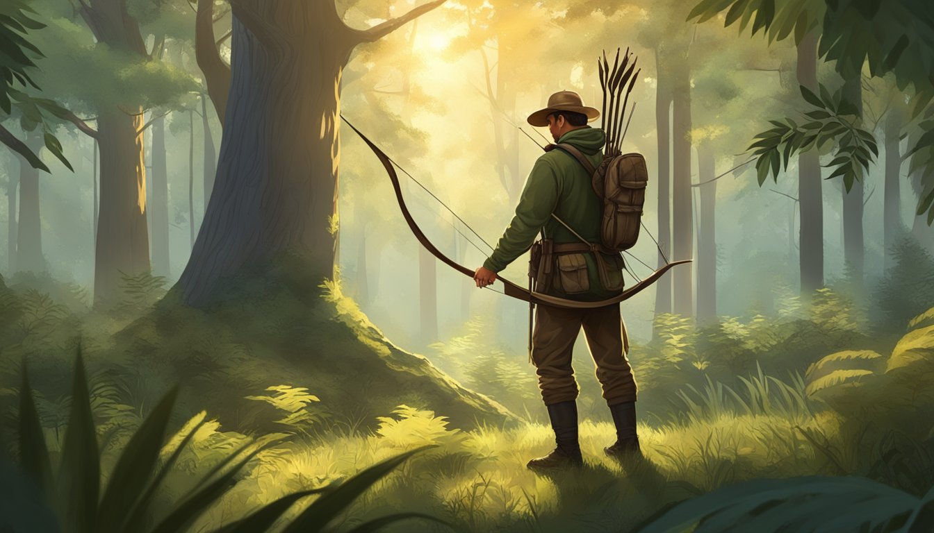 A hunter using a traditional bow stands in a forest clearing, surrounded by wildlife and lush greenery. The sun filters through the trees, casting a warm glow on the scene