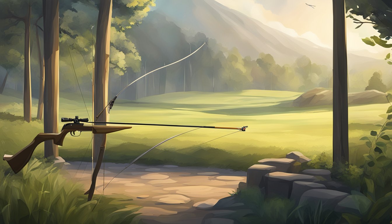 A tranquil archery range with a serene atmosphere, featuring a bow, arrow, and target in perfect alignment