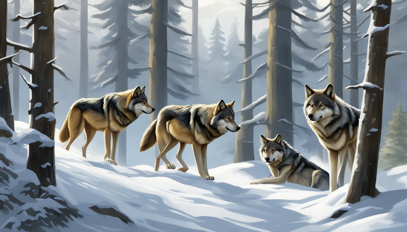 A wolf pack silently stalking their prey through a dense forest, their instinctual hunting abilities guiding their every move