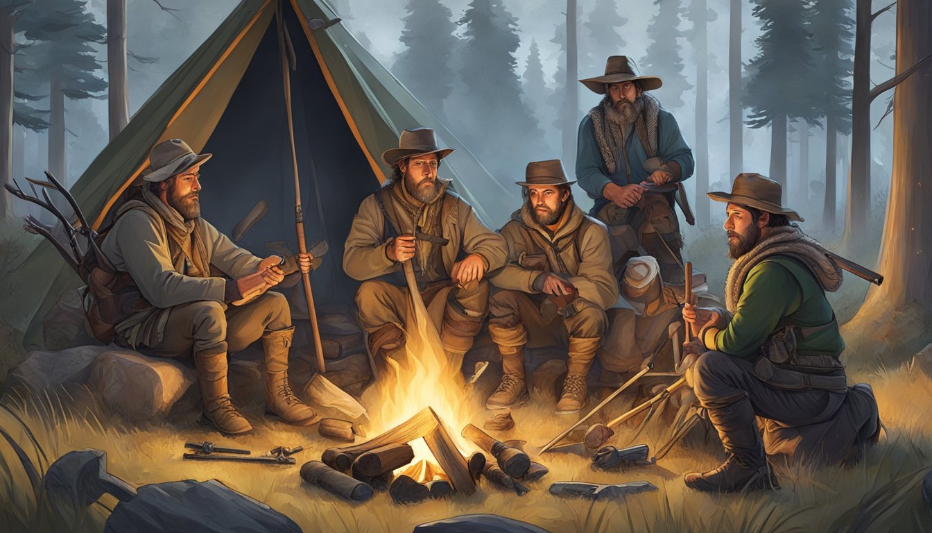 A group of hunters gather around a campfire, surrounded by traditional hunting gear and modern technology. The scene highlights the blending of ancient hunting traditions with contemporary tools and techniques