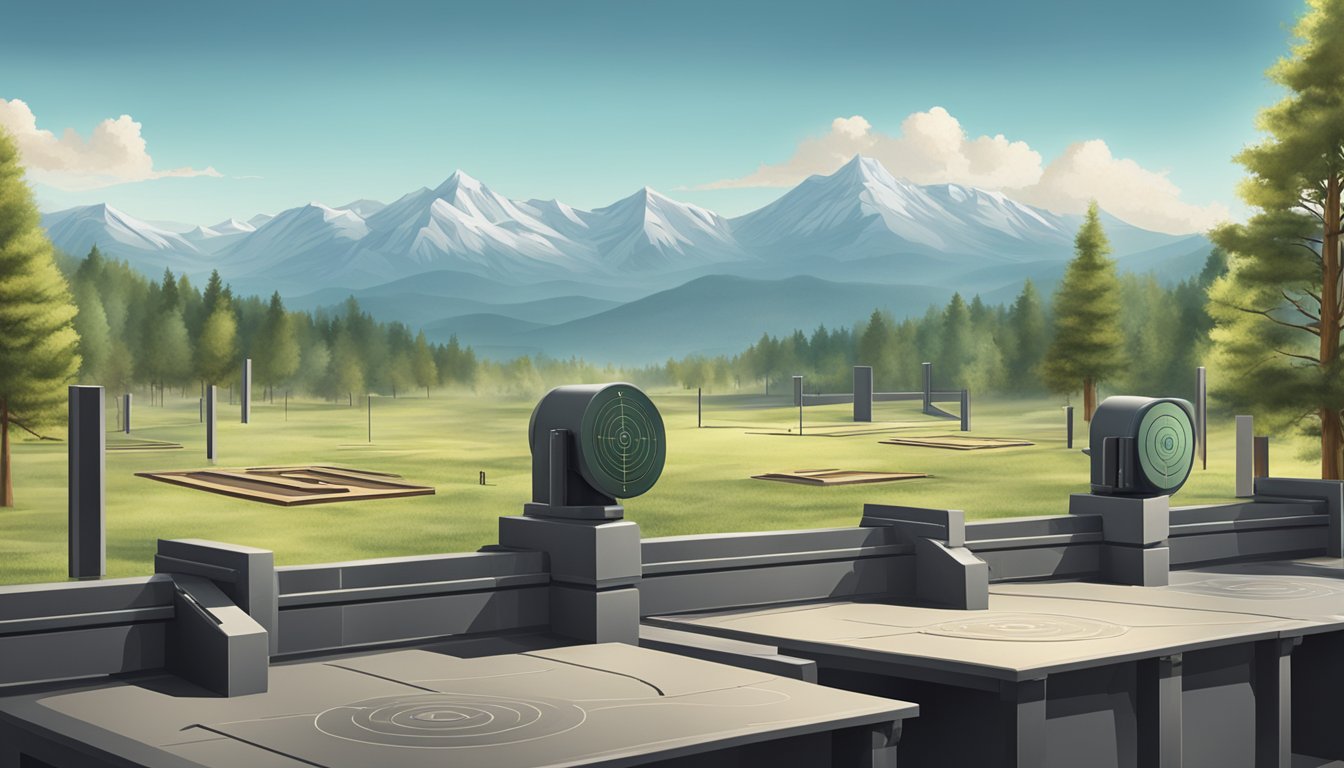 A serene outdoor shooting range with targets set against a backdrop of mountains and trees, with a sense of focus and precision in the air