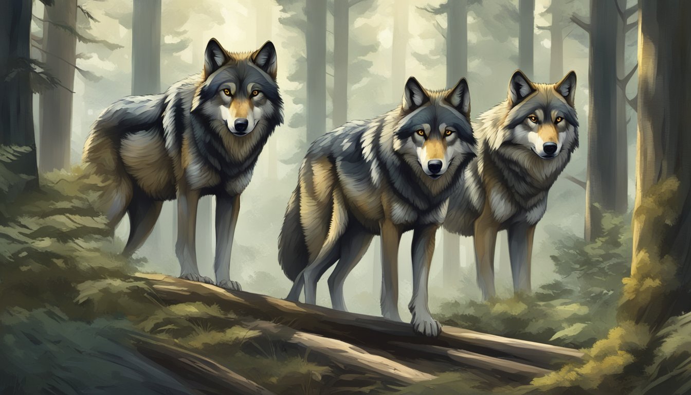 A wolf pack silently stalks through a dense forest, their keen instincts and coordinated movements mapping out their prey's location