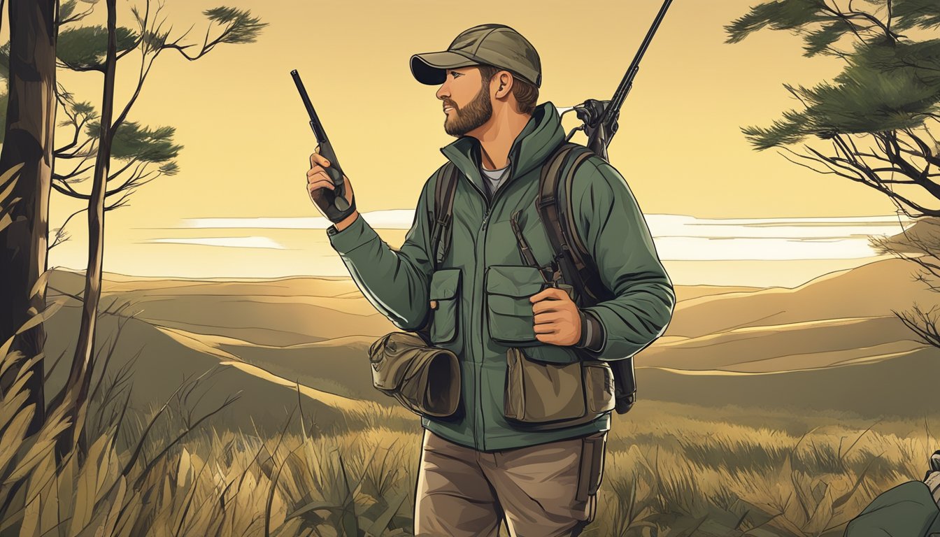 A modern hunter using advanced technology to track and hunt game in a natural, traditional setting