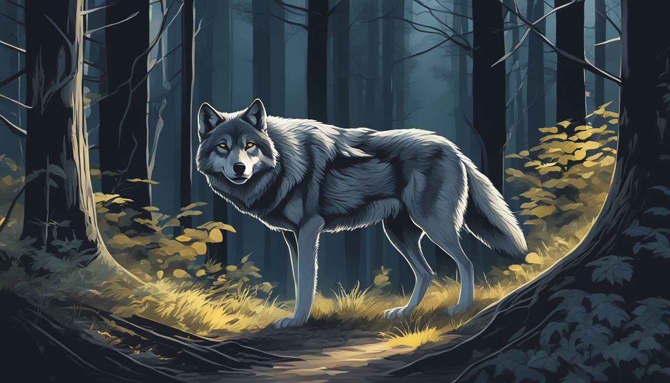 A wolf prowls through a dense forest, its keen eyes fixed on its prey. The moonlight filters through the trees, casting shadows on the ground