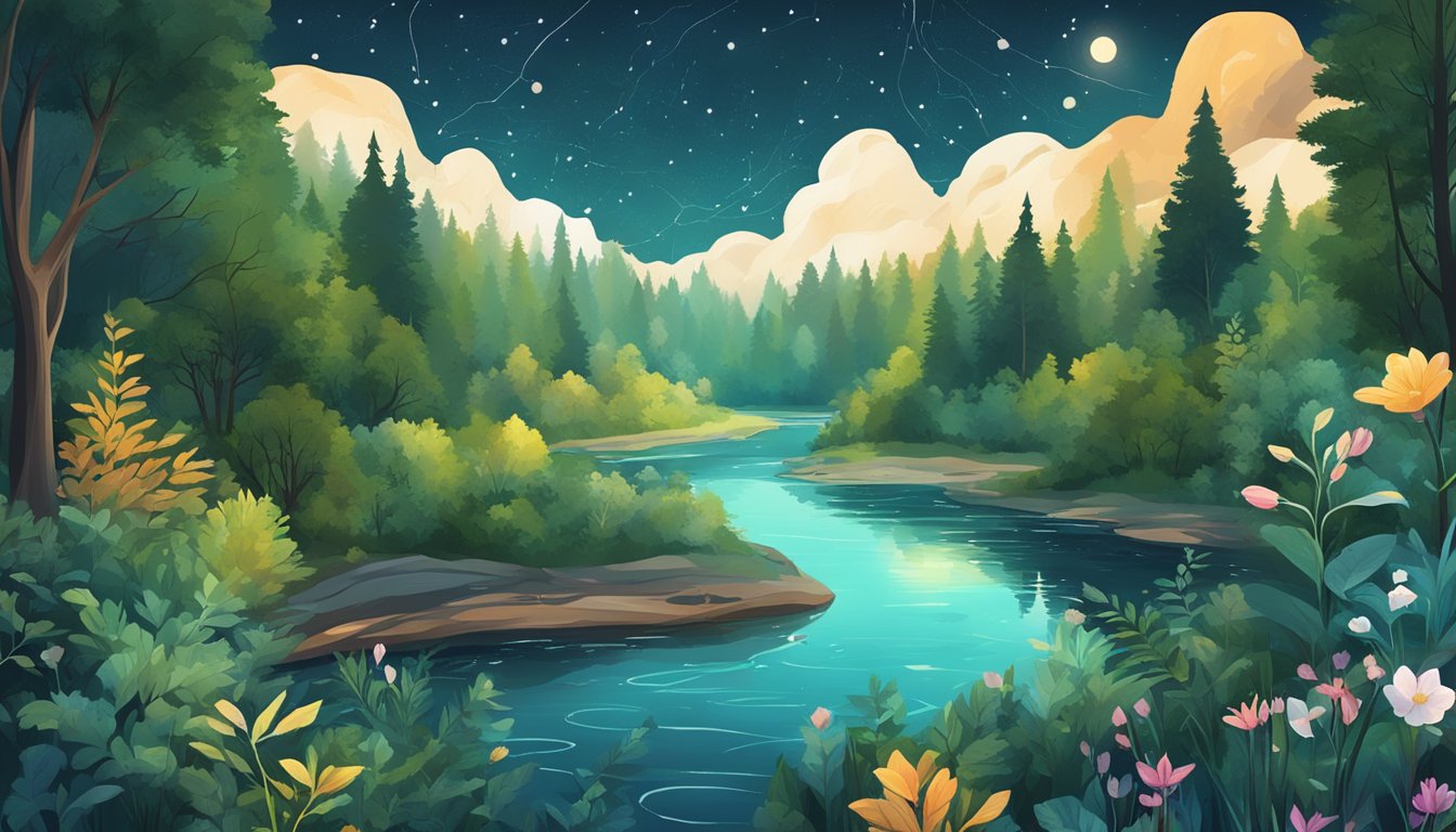 A lush forest with diverse flora and fauna, a flowing river, and a clear sky with constellations visible