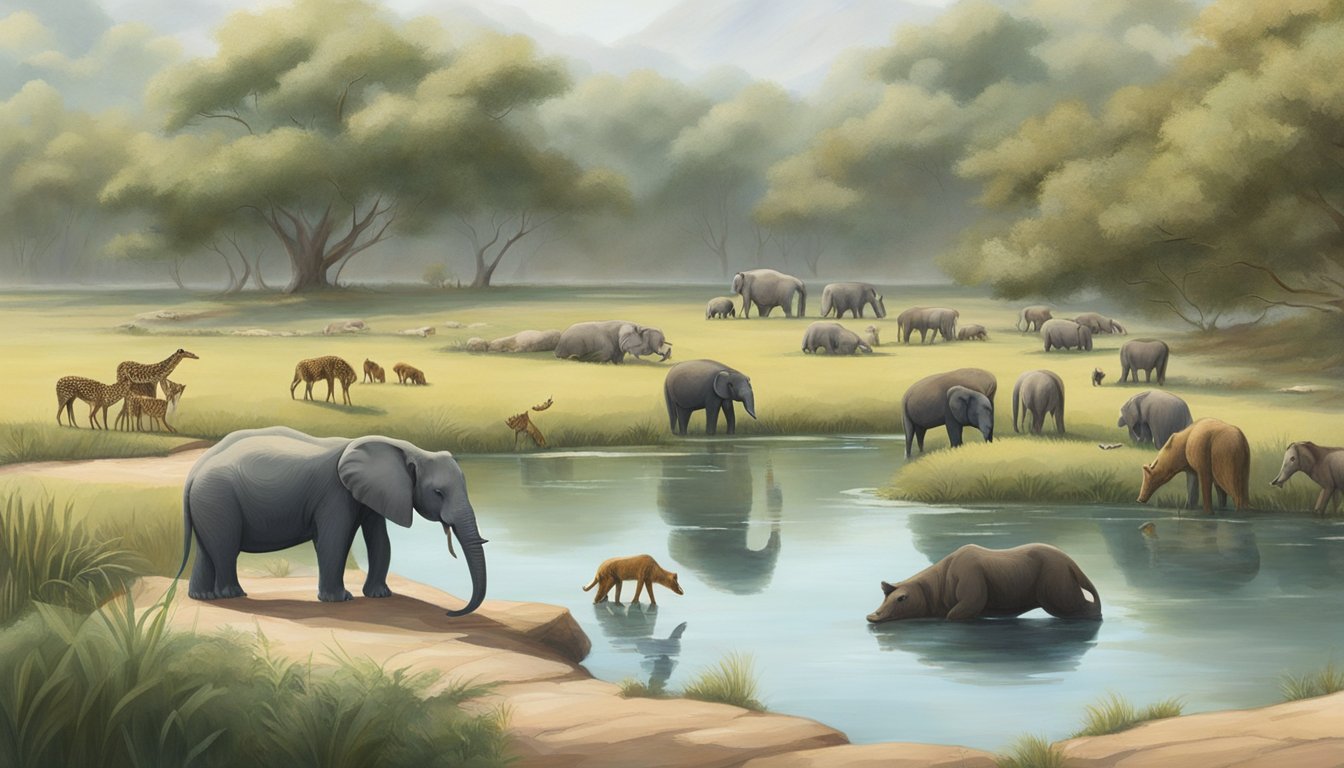 A group of wild animals gathered around a tranquil pond, observed by a lone figure in the distance. The animals exhibit a sense of wisdom and contemplation as they interact with their natural environment