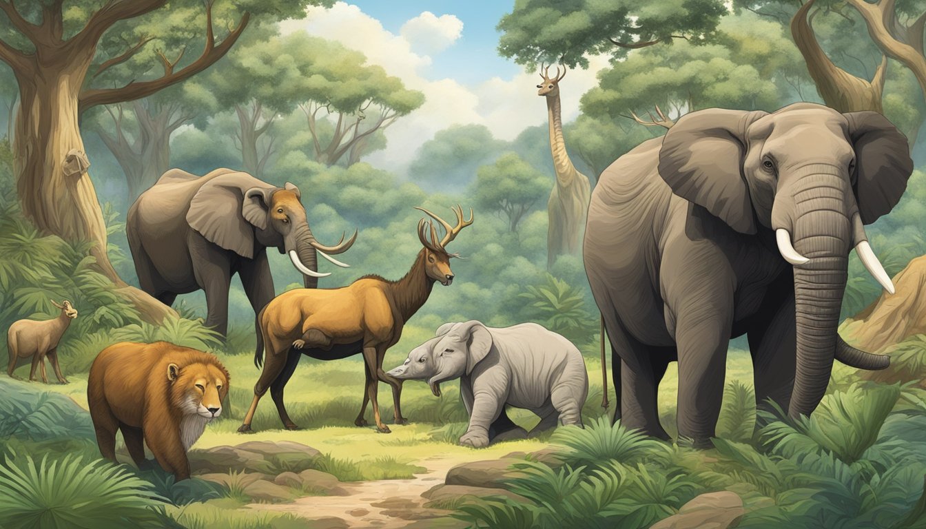 A group of wild animals in their natural habitat, observed from a distance by a philosopher. The animals exhibit natural behaviors, surrounded by trees and other elements of the wilderness