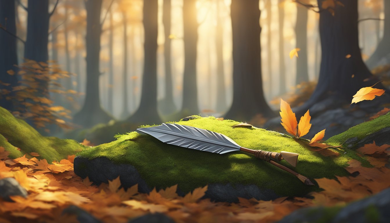 A lone arrow rests on a moss-covered rock, surrounded by fallen leaves and the soft glow of the setting sun filtering through the trees