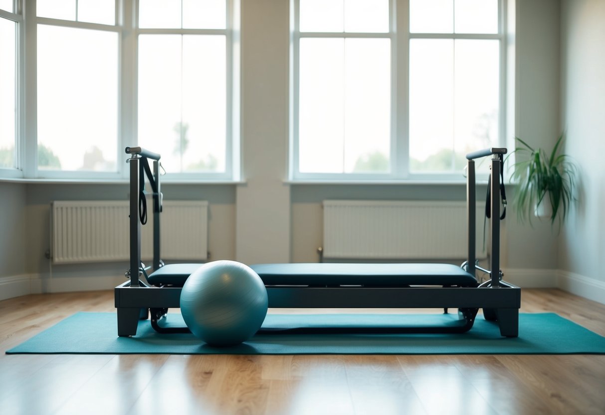 Ein ruhiges Studio mit einem Pilates-Reformer, einem Gymnastikball und einer Yogamatte. Sanftes natürliches Licht strömt durch große Fenster und schafft eine friedliche Atmosphäre.