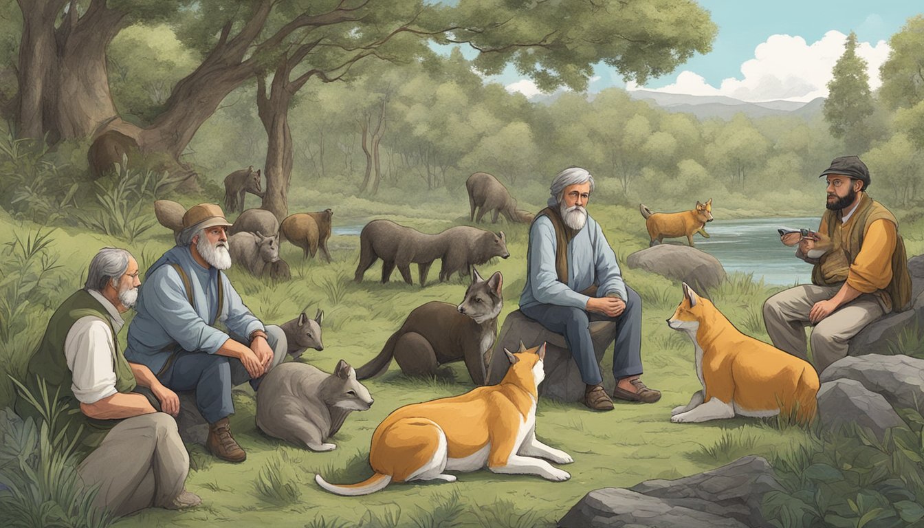 A group of feral philosophers, observing game animals in their natural habitat, contemplating the interconnectedness of animal rights and human responsibilities