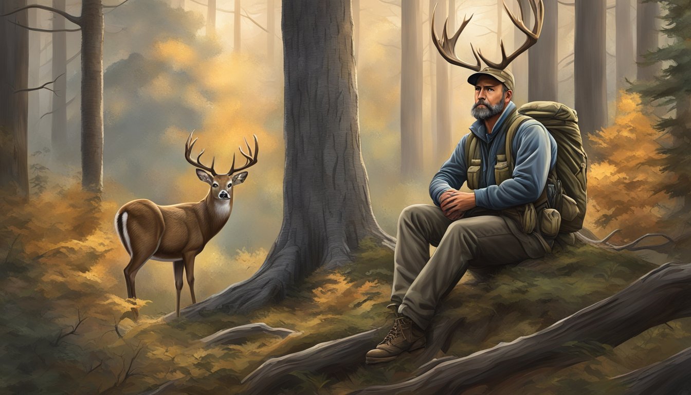 A deer hunter sitting in a tree stand, surrounded by the quiet beauty of the forest, observing a majestic whitetail deer in its natural habitat