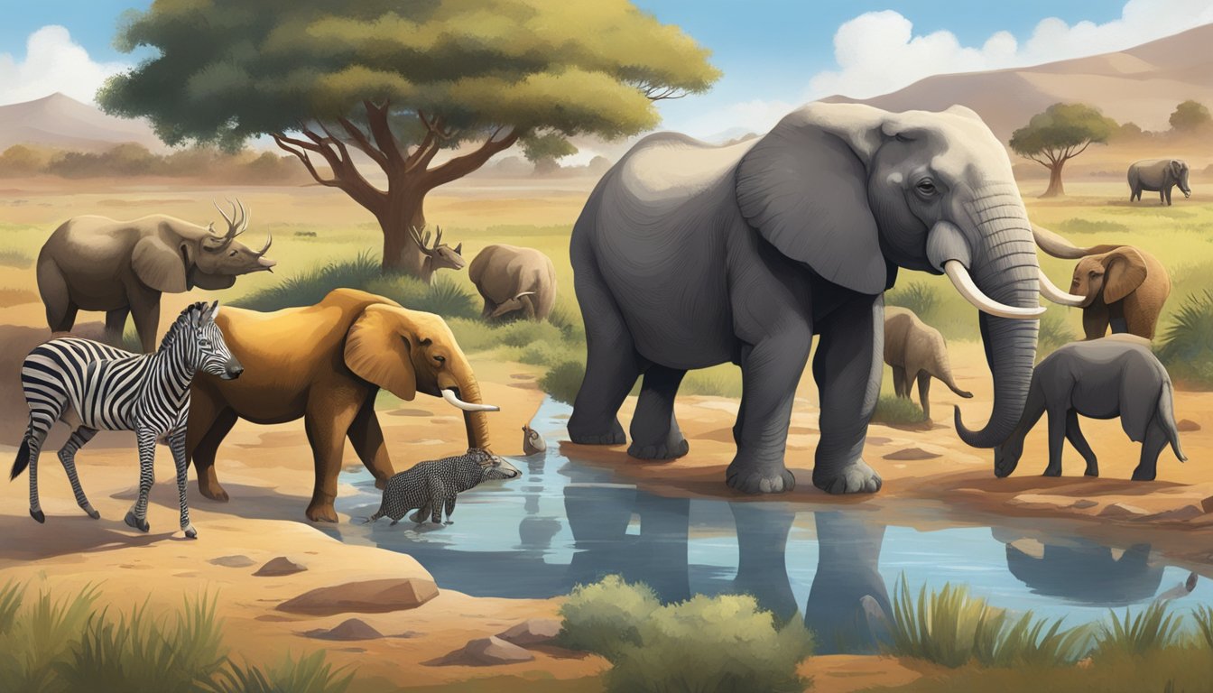 A group of game animals gather around a watering hole, each one displaying unique behavior and interaction, reflecting different cultural perspectives