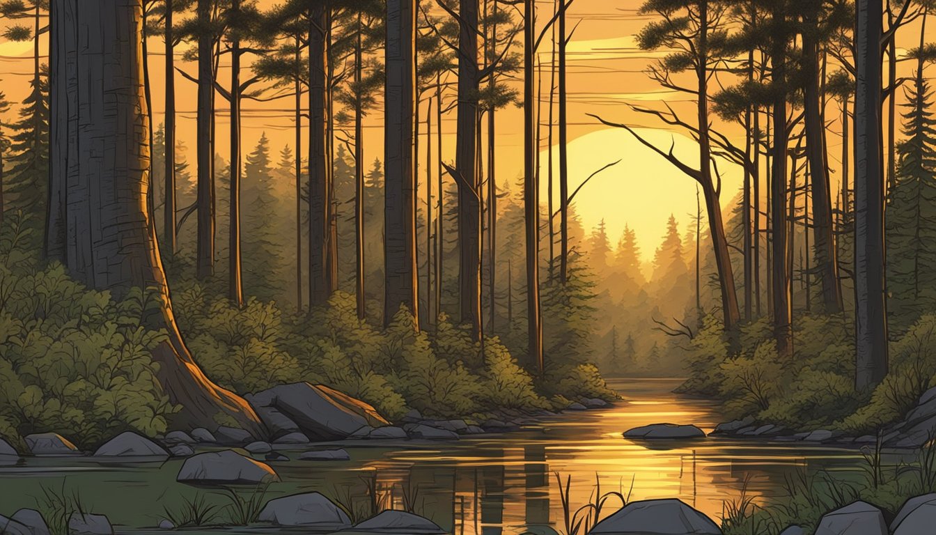 The sun sets behind a dense forest, casting a warm glow on the last arrow in a hunter's quiver. The forest is alive with the sounds of wildlife as the hunting season comes to a close