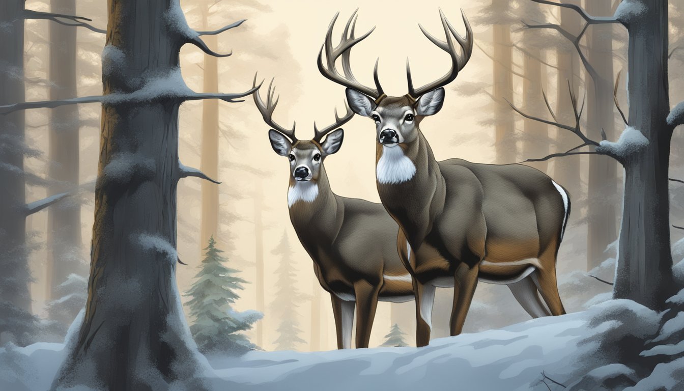 A majestic whitetail deer stands alert in a dense forest, its ears perked and eyes focused, embodying the wisdom of strategic hunting practices