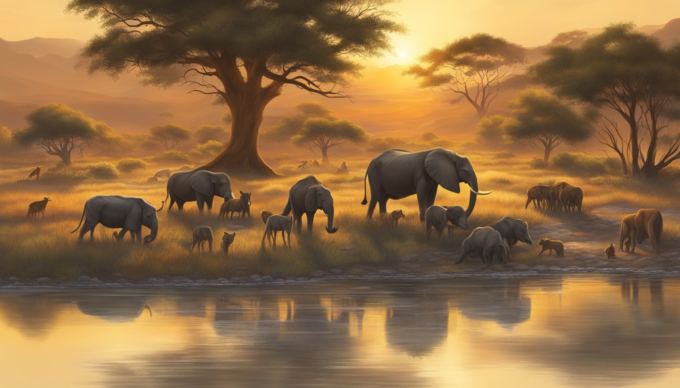 Game animals gather at a watering hole, grazing peacefully while others keep a watchful eye for predators. The setting sun casts a warm glow over the serene scene