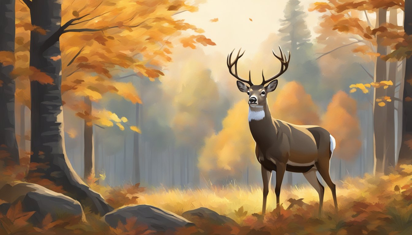 A deer stand nestled in a forest clearing, surrounded by autumn foliage. A majestic whitetail deer stands alert in the distance