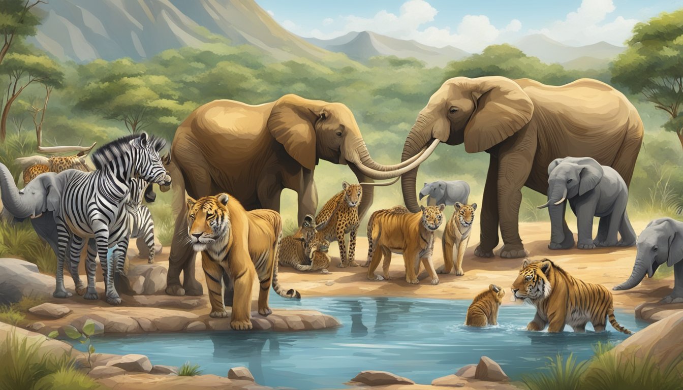 A group of wild animals gather around a watering hole, engaging in various activities such as drinking, grooming, and playfully interacting with each other