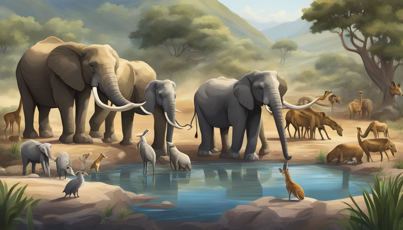 A group of wild animals gather around a watering hole, observing each other's behavior and interacting with the environment