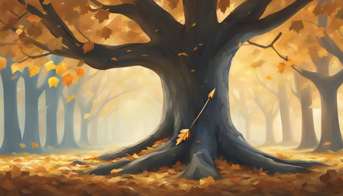 A lone arrow embedded in a tree, surrounded by fallen leaves and a sense of finality in the air