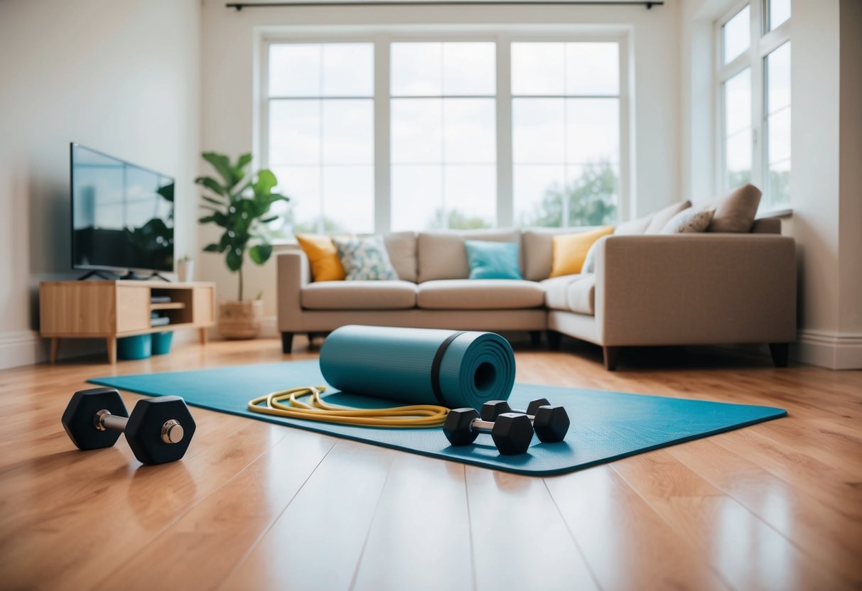 Ein helles, geräumiges Wohnzimmer mit einer Yogamatte, Widerstandsbändern und Hanteln, die auf dem Boden verstreut sind. Ein großes Fenster lässt natürliches Licht in den Raum strömen.