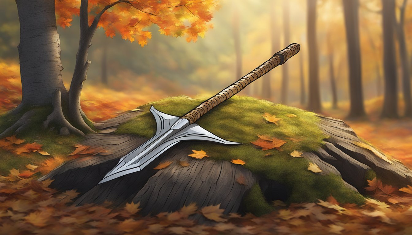 A lone arrow embedded in a weathered tree stump, surrounded by fallen leaves and a backdrop of autumn colors