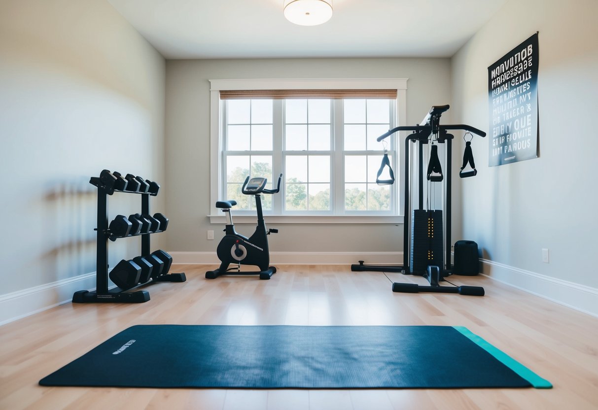 Ein helles, geräumiges Heimstudio mit Fitnessgeräten, darunter Hanteln, Widerstandsbänder und eine Yogamatte. Ein großes Fenster lässt natürliches Licht herein, und ein motivierendes Poster hängt an der Wand.