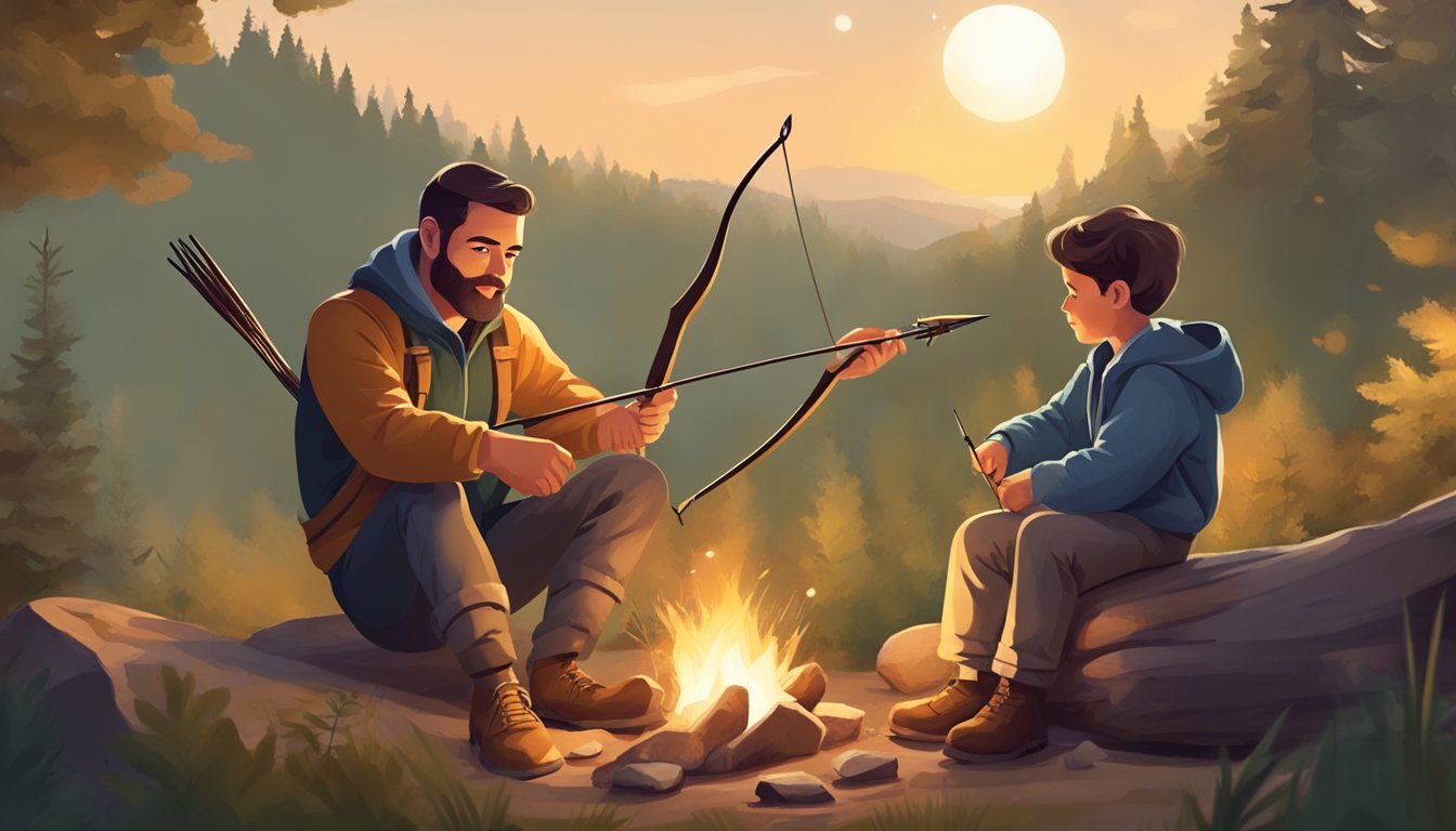 A father and child sit by a campfire, surrounded by nature. The child holds a small bow and arrow, while the father teaches them about hunting and outdoor skills