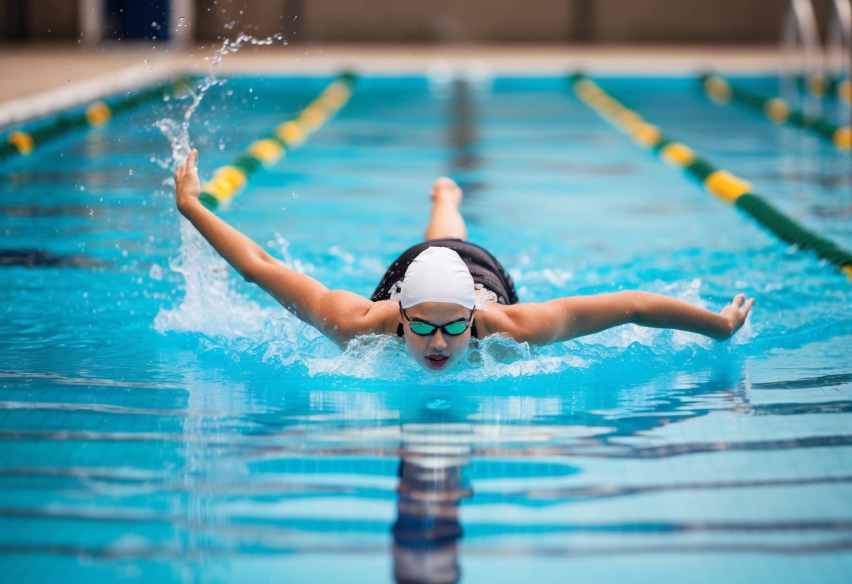 Eine Person, die in einem Pool schwimmt, mit Armen und Beinen, die sich koordiniert bewegen und Wellen im Wasser erzeugen.