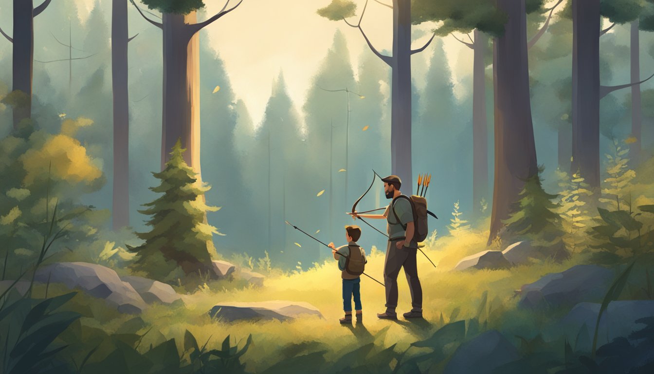 A father and child stand in a forest clearing, surrounded by trees and wildlife. The father holds a small bow and arrow, while the child looks on with curiosity and excitement