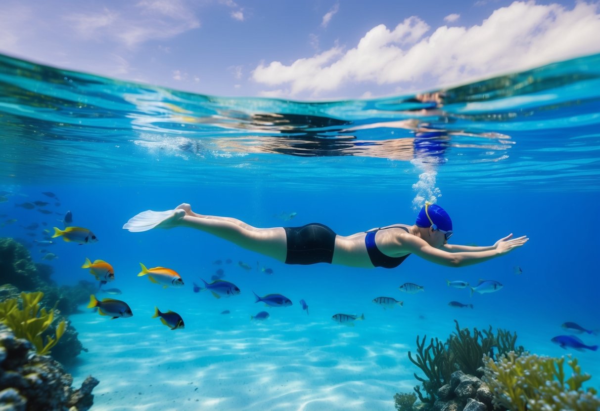 Eine ruhige Unterwasserszene mit einem Schwimmer, der durch klares blaues Wasser gleitet, umgeben von bunten Fischen und Wasserpflanzen.