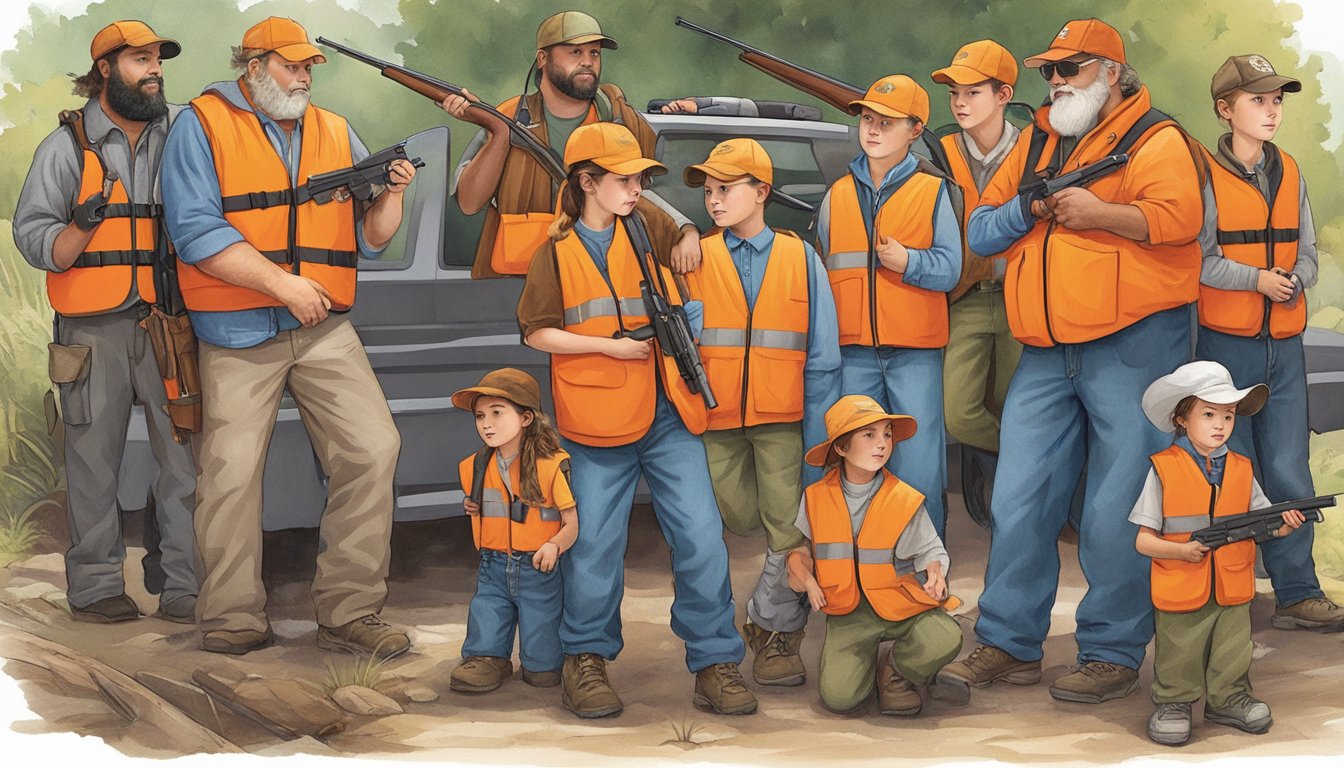 A group of children and adults wearing bright orange vests and hats, carrying unloaded firearms, gather around a hunting instructor to learn about safety measures and protocols before heading out into the wilderness