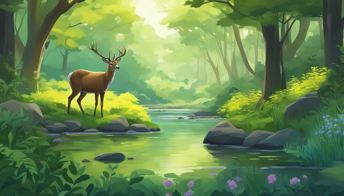 A lush forest with a deer peacefully grazing, surrounded by vibrant plant life and a clear stream