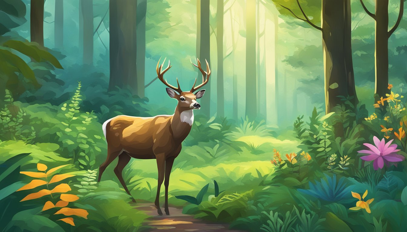 A lush forest with a deer peacefully grazing, surrounded by vibrant plant life and diverse wildlife