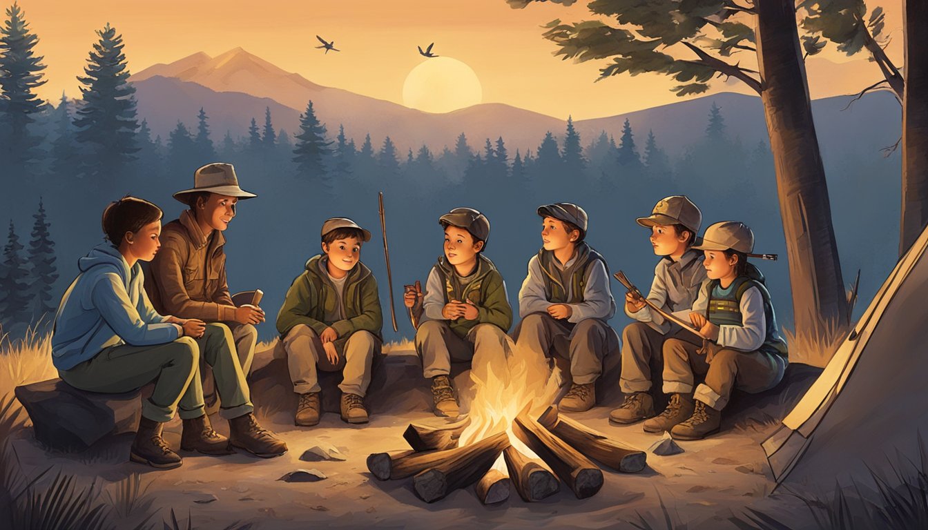 A group of children and adults gather around a campfire, sharing stories and experiences from their hunting trips. The children listen intently, showing interest and excitement as they learn about the cultural and social aspects of hunting