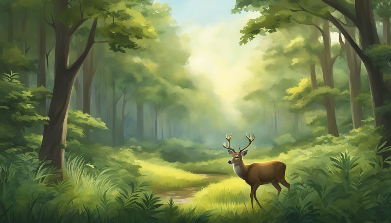 A forest clearing with a deer peacefully grazing, surrounded by lush vegetation and wildlife. The scene is tranquil and harmonious, depicting the coexistence of nature and ethical hunting