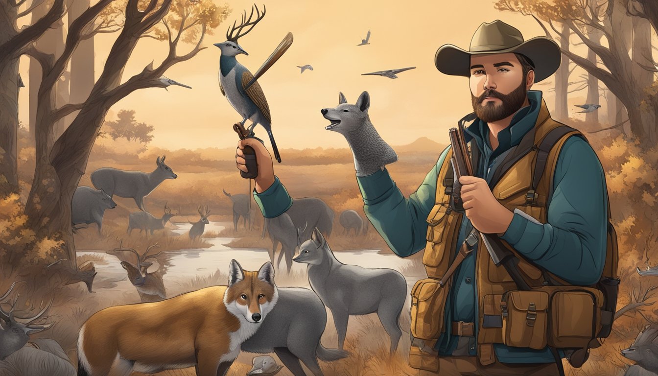 A hunter proudly displays a trophy animal in a natural setting, while social media icons and hunting equipment surround the scene