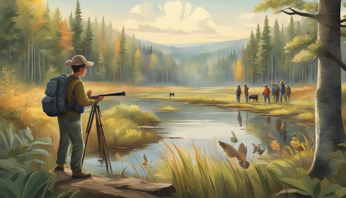 A group of children and adults explore a diverse landscape, including forests, fields, and wetlands, with hunting equipment in hand