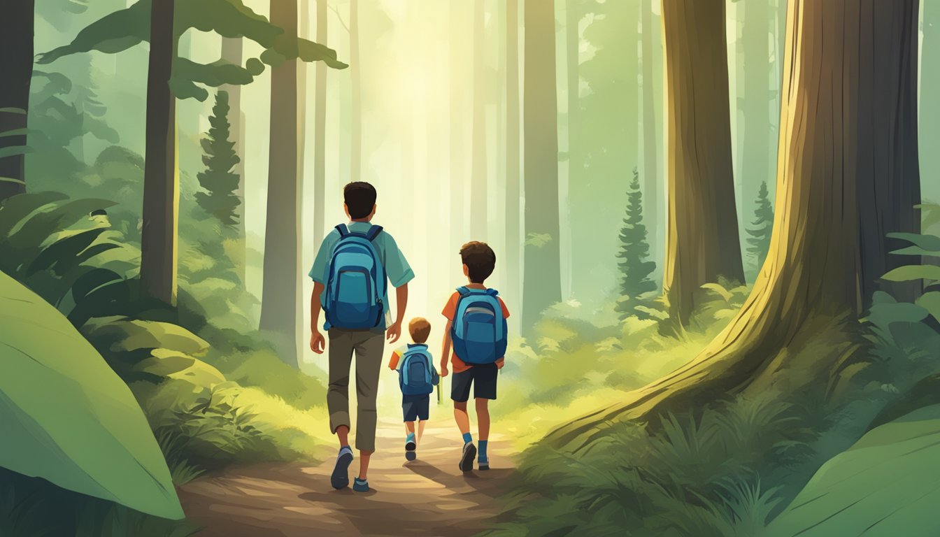 A child and adult trek through a forest, facing obstacles and learning to track wildlife